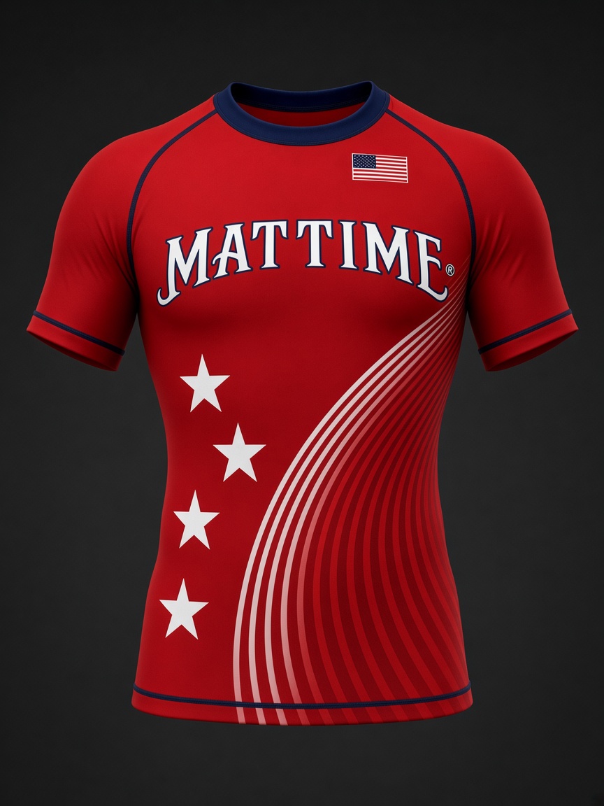 Front of the red MatTime 2026 short-sleeve rashguard