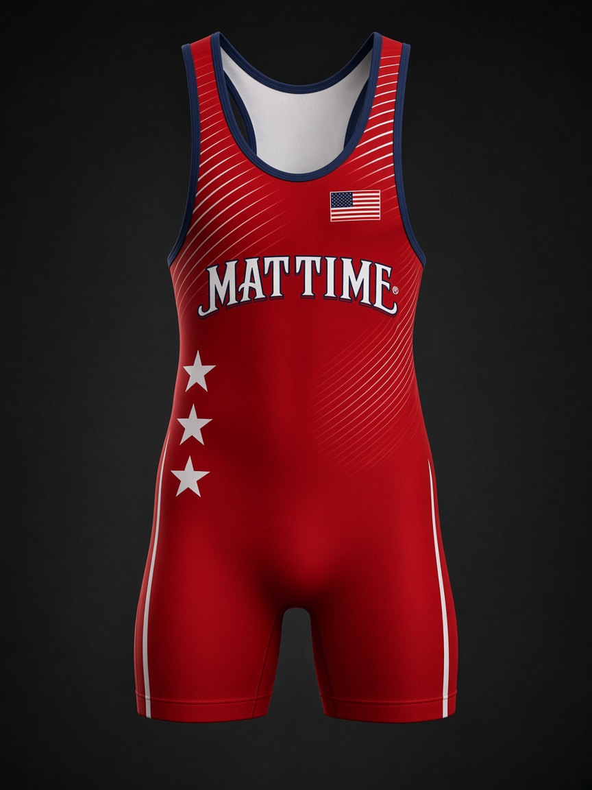 Front of the red MatTime 2026 wrestling singlet