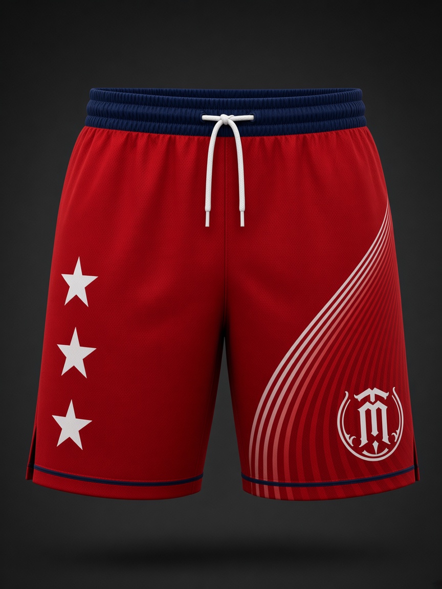Front of the red MatTime 2026 fight shorts